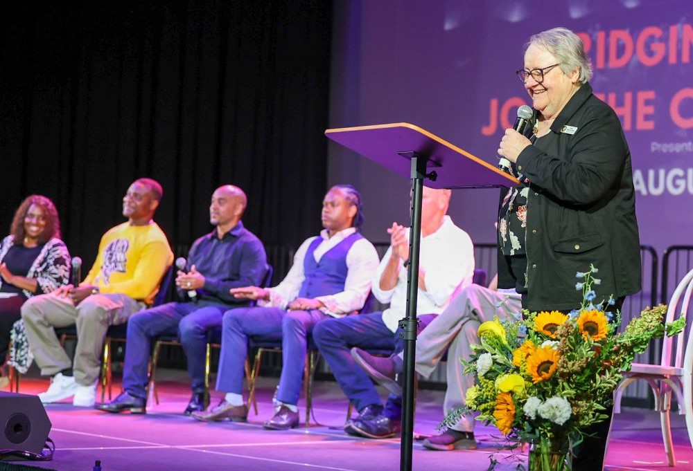 Sister of St. Joseph of Carondelet Theresa Harpin speaks at a fundraising event for Restorative Partners in August. The California nonprofit partners with businesses, government agencies and other organizations to change the lives of those who have gone through the criminal justice system. (Courtesy of Restorative Partners)