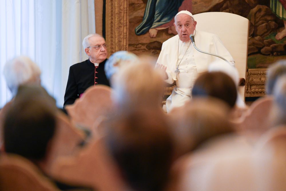 Pope Francis speaks to women participating in or assisting the Synod of Bishops Oct. 1. 