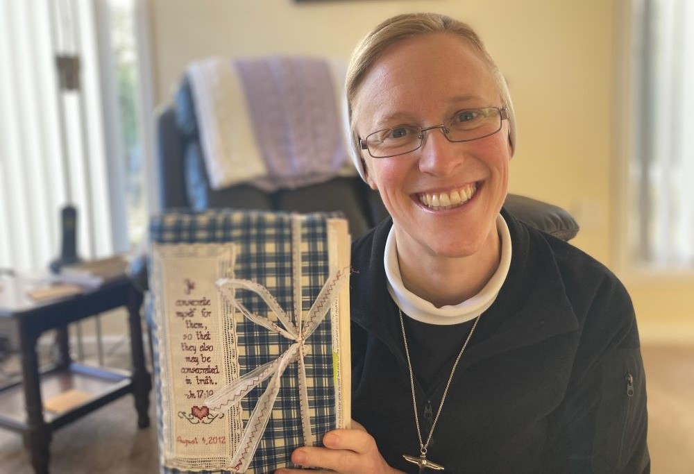 Sr. Kathryn Press displays her Bible from college. 