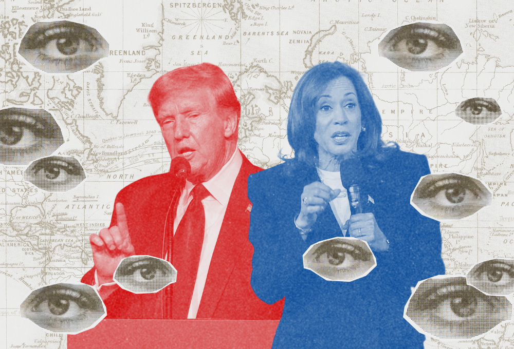 Collage illustration off eyes on a world map looking at Donald Trump and Kamala Harris (GSR illustration/Olivia Bardo; Donald Trump photo: OSV News/Reuters/Seth Herald; Kamala Harris photo: OSV News/Reuters/Kevin Mohatt)