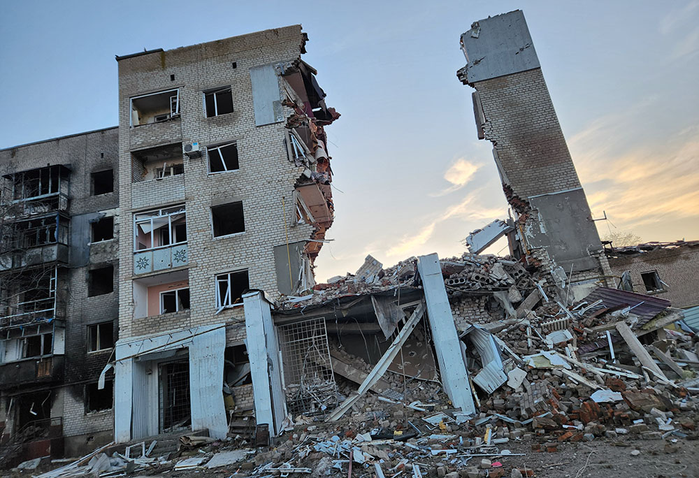 The effects of the full-scale invasion by Russia into Ukraine are evident in this February 2024 photo of a destroyed building near the village of Preobrazhenka, in southeastern Ukraine. Ukrainian Catholic sisters say they, like other Ukrainians, are worried about the possible implications of the U.S. presidential election for their country. (GSR photo/Chris Herlinger)