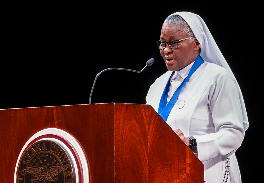 Sr. Francisca Ngozi Uti speaks at the 2024 Opus Prize ceremony Nov. 14 at Santa Clara University in California, where Uti's organization was awarded $1 million. (Courtesy of Santa Clara University)