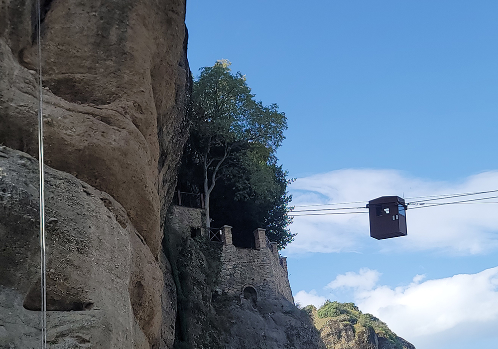 A system of nets, baskets and pulleys are used to bring supplies to the monasteries. (GSR photo/Gail DeGeorge)