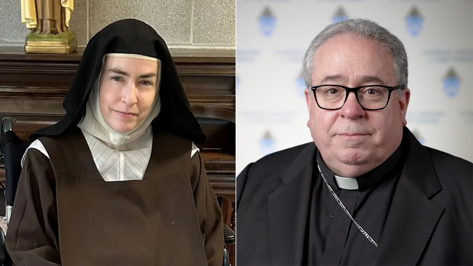 Combination photo of the sister in a traditional, Carmelite habit, and a headshot of the bishop wearing plain black clerics.