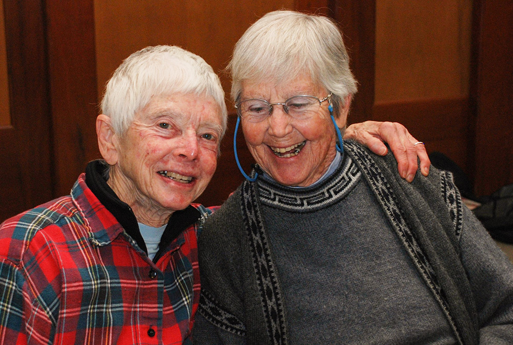 Sr. Anne Montgomery, left, who participated in six Plowshares actions to protest nuclear weapons between 1980 and 2009, is pictured with Holy Child Jesus Sr. Megan Rice in a 2010 photo. (CNS/Courtesy of Ground Zero Center for Nonviolent Action)