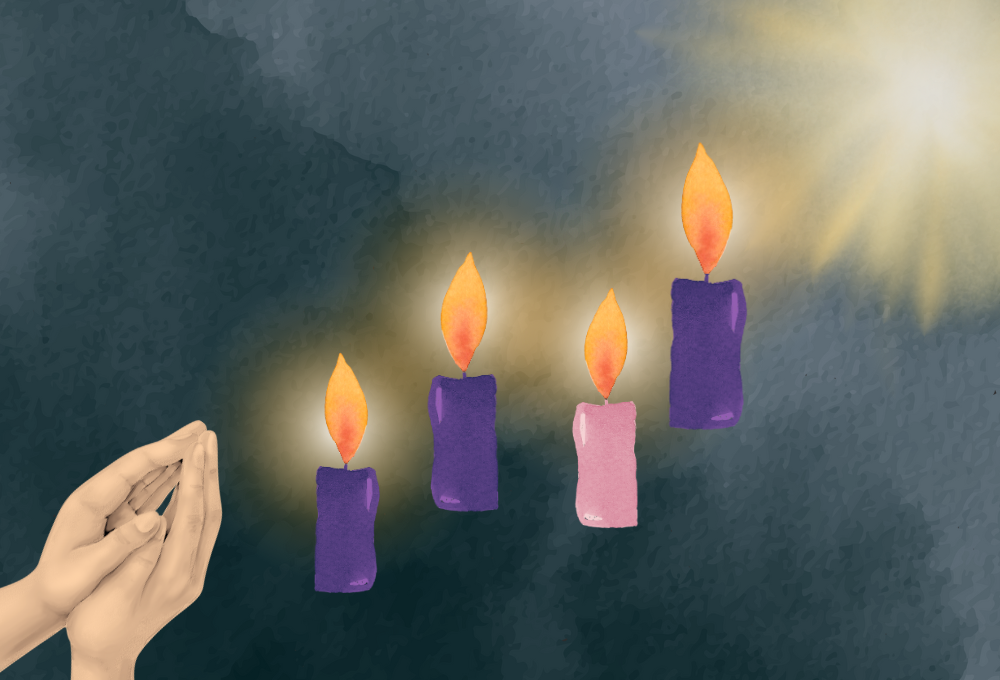 Manos juntas en oración y 4 velas de Adviento. (Ilustración: GSR/Olivia Bardo)