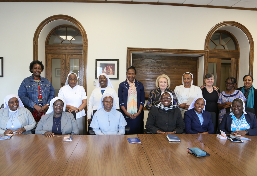 The Women Faith Leadership Fellowship, 2023-24 cohort for Georgetown University gathers for a photo. Sr. Agnes Lucy Lando is pictured in the center front, with Ambassador Melanne Verveer, executive director of the Georgetown Institute for Women, Peace and Security, behind. Third from the right in the back is Katherine Marshall of the Berkley Center. (Courtesy of Georgetown University)