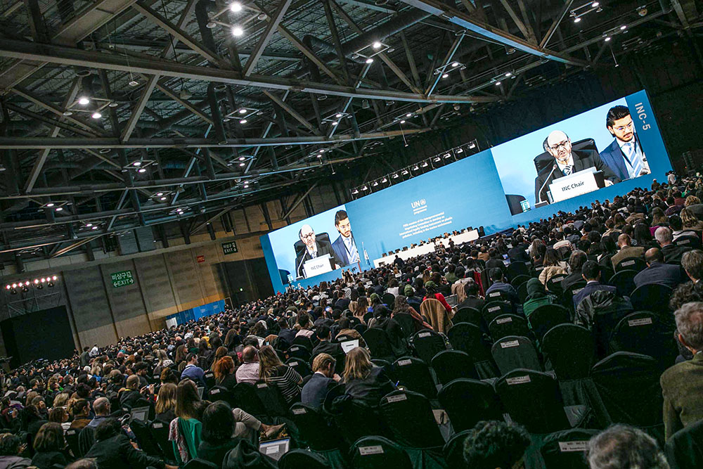 Delegates from 170 countries took part in the fifth round of negotiations on an international treaty addressing plastic pollution in Busan, South Korea. Talks adjourned Dec. 2 without an agreement, with plans to reconvene in 2025. (IISD/ENB/Kiara Worth)