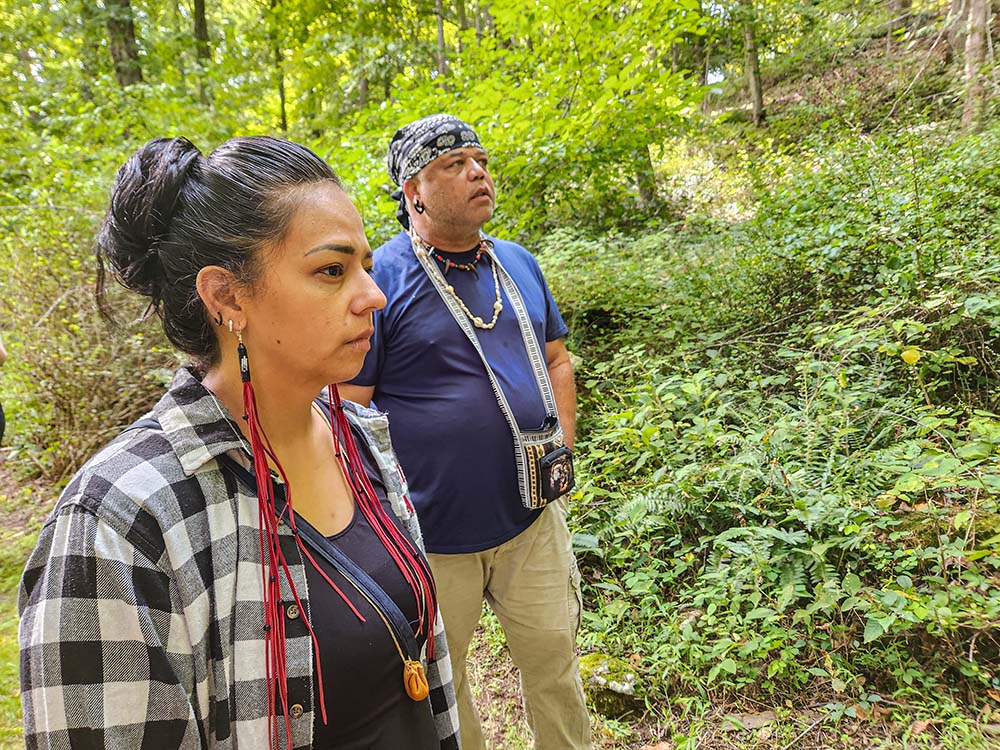 Chaperones Wanonah Kosbab, left, and Shawn Stevens, of the Stockbridge-Munsee Community Band of Mohican Indians in Wisconsin, during an Aug. 30 outing to the Buttonhook Forest property in Chappaqua, New York. (GSR photo/Chris Herlinger)