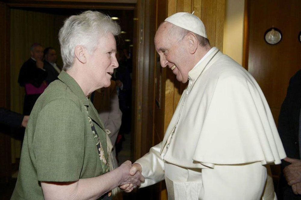 Sr. Nancy Brown met Pope Francis in April 2019 at the International Conference on Human Trafficking in Rome to introduce and study Pastoral Orientations on Human Trafficking. (Courtesy of Nancy Brown)