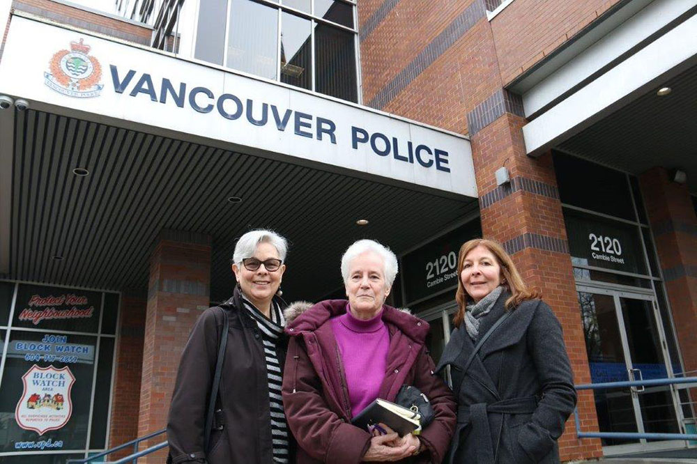 Sandra Harrison, Sr. Nancy Brown and Evelyn Vollet at a Vancouver police station for the announcement of 47 men arrested for paying for sex with teenage girls in January 2019. (Courtesy of Nancy Brown)