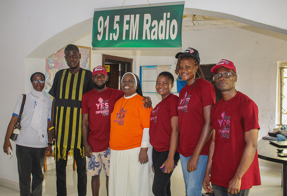 Dominican Sr. Bernadette Duru with her team of volunteers after a live radio show, where they educated the public about early pregnancy and child marriage and responded to questions from the audience. Duru has been championing a campaign against early pregnancy and child marriage in Shendam, Plateau State, in the north-central region of Nigeria. (GSR photo/Valentine Benjamin)