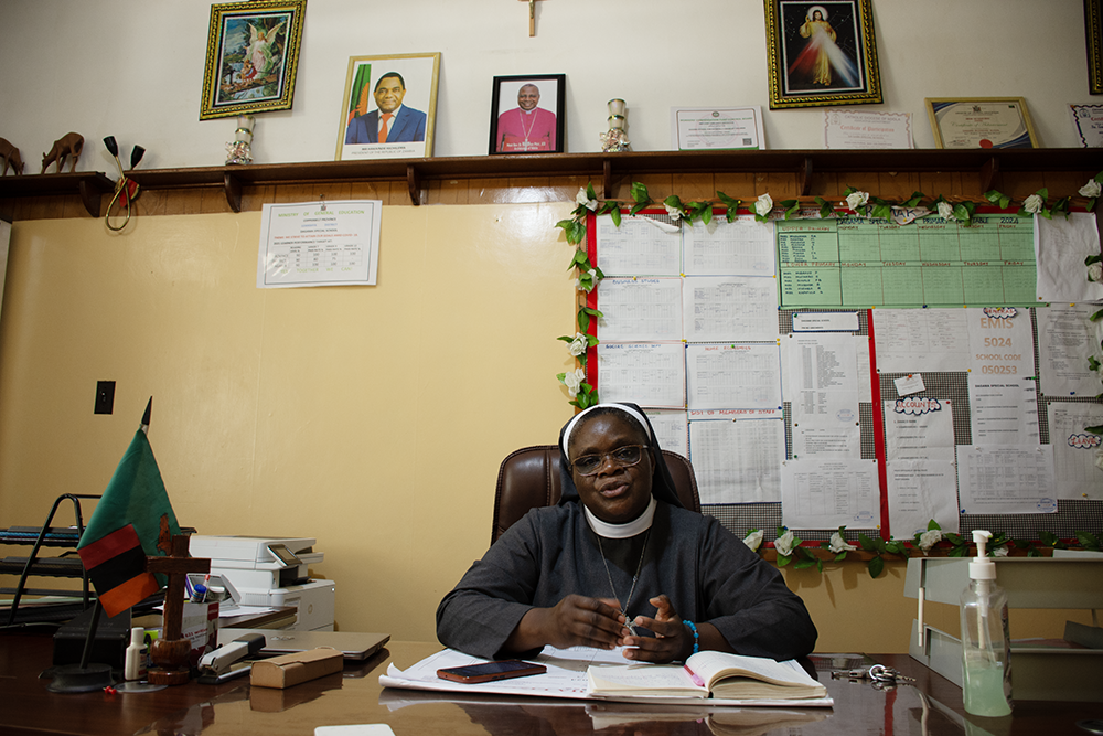 Sr. Ruth Ndhlovu, the headteacher at Da Gama Special School, poses for a photo in her office. She has worked at the institution since 2022 and is in charge of primary and secondary schools from grades one to 12. (GSR photo/Derrick Silimina)