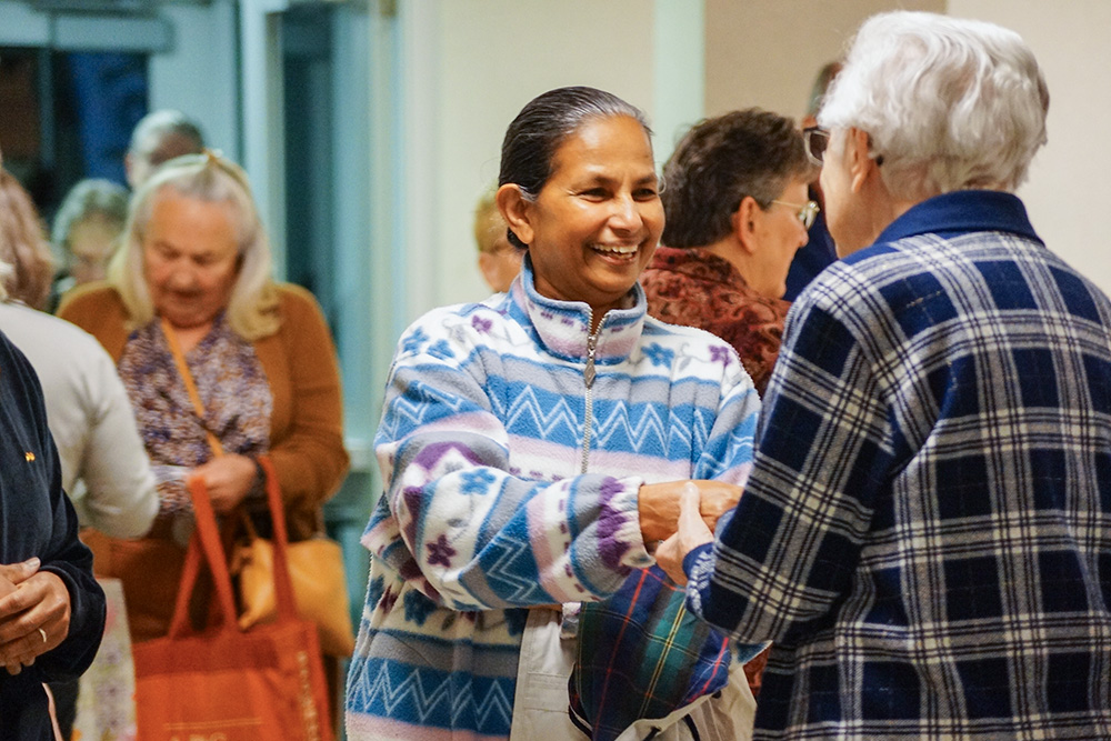 Sr. Anjali Koodamarambil, a member of the Indian Province of the Hospital Sisters of St. Francis, is welcomed by Dominican Sr. Celestine Rondelli. (Courtesy of Beth Murphy)