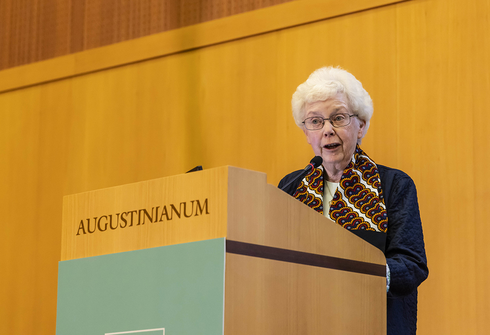 Sr. Anne Victory of the Sisters of the Humility of Mary speaks at the podium after receiving her award at the Sisters Anti-Trafficking Awards, held in Rome in May 2024. (Courtesy of Stefano Dal Pozzuolo)