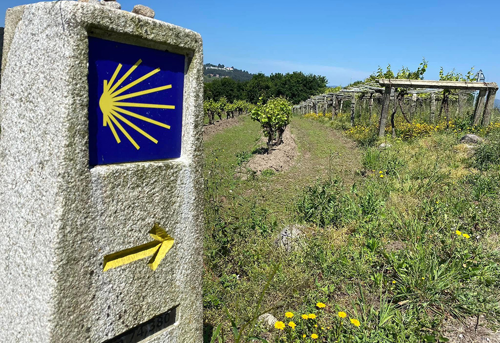 A marker is pictured along the road leading to Santiago de Compostela, Spain. In 2021, Ana González walked the Camino de Santiago, the pilgrimage through Spain also known as the Way of St. James. (Courtesy of Ana González)