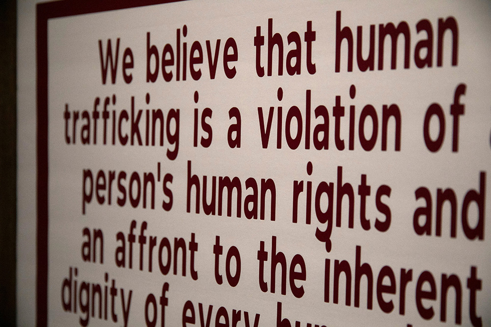 A sign on human trafficking is seen at the Motel X interactive exhibit at the National Underground Freedom Center in Cincinnati Jan. 10, 2020. (OSV News/The Enquirer via Reuters/Liz Dufour)