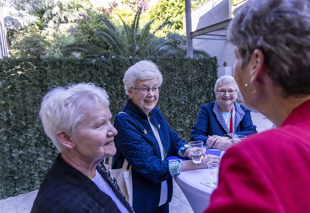 Pictured before the SATAs ceremony in Rome in May 2024 are, from left: Sr. Carol Anne Smith, pastoral leader of the Sisters of the Humility of Mary; Sr. Anne Victory; Sr. Ann Oestreich, Servants of the Immaculate Heart of Mary, board member and past president of the Alliance to End Human Trafficking; and, with her back to the camera, Sr. Sally Duffy of the Sisters of Charity of Cincinnati, current president of the Alliance to End Human Trafficking. (Courtesy of Stefano Dal Pozzuolo)