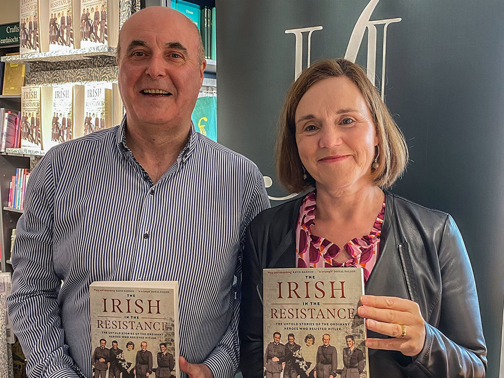 Authors John Morgan, left, and Clodagh Finn present their book at the launch of The Irish in the Resistance in Dublin in August 2024. (Courtesy of Gill Books, Dublin)