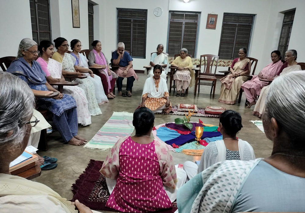 Senior members of the Medical Mission Sisters celebrate the first profession of two nuns on the inaugural day of their centenary celebrations on Sept. 28, 2024, at the Anna Dengel House, Changanacherry, in the southwestern Indian state of Kerala.  (Courtesy of Sr. Lilly Joseph)