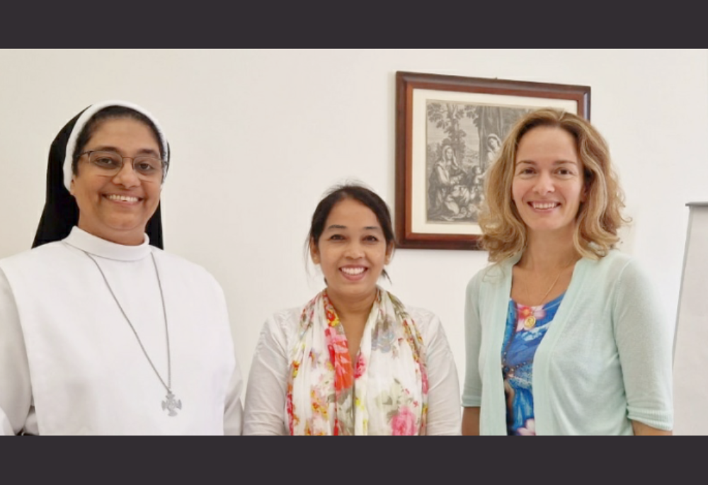 Sr. Sujata Jena, center, is pictured in Rome when she was honored by the Dicastery for Promoting Integral Human Development, with Sr. Christi Thekkumpuram, right, assistant director for the Catholic Sisters Project of the Migrants and Refugee Section of the Vatican, and Francesca Donà, left, regional coordinator of the Asia, Middle East and Oceania Dicastery for Promoting Integral Human Development. (Courtesy of Sr. Sujata Jena)