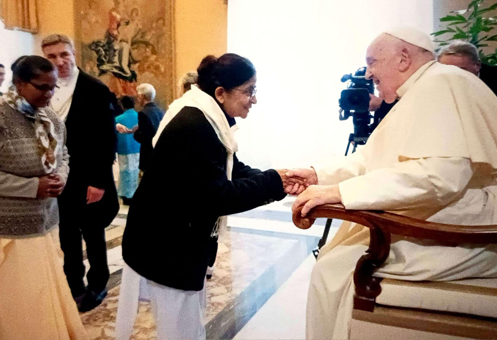 Sr. Nasreen Gian is pictured with Pope Francis on Dec. 4th 2024, after the chapter of Union "St. Catherine of Siena" of School Missionaries. (Courtesy of Sr. Nasreen Gian)