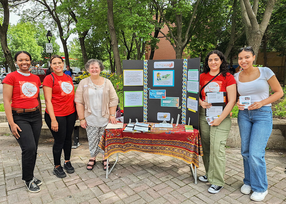 Sr. IsaBelle Couillard with some of the Talitha Kum youth ambassadors from Montreal, Quebec, Canada, during a public action at Métro St-Michel known as "Agissons enSable" in June 2024. From left: Catherine Laure Juste, Lismabel Sanchez Lopez, IsaBelle Couillard, Sofia-Elena Ranke-Farro and Rhama Desjarlais. (Courtesy of IsaBelle Couillard)