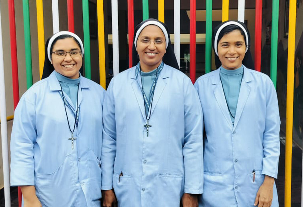 Sr. Shilpa Baby, left, Sr. Mareena Mathew, center, and Sr. Jaicy Issac, right, serve children in need at Navajeevana, Bedrampalla, Kasaragod District, Kerala, southwestern India. (Courtesy of Mareena Mathew)