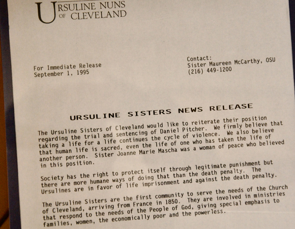 A copy of the press release sent out by the Ursuline Sisters of Cleveland in 1995 reiterating their opposition to the death penalty for Daniel Pitcher. He was convicted 10 days later and sentenced to life in prison. (GSR photo/Dan Stockman)