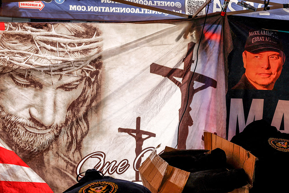 An image of Christ and other merchandise with an image of multibillionaire Elon Musk are displayed on Inauguration Day in Washington Jan. 20, 2025, when Donald Trump was sworn in to his second presidential term. (OSV News/Reuters/Shannon Stapleton)