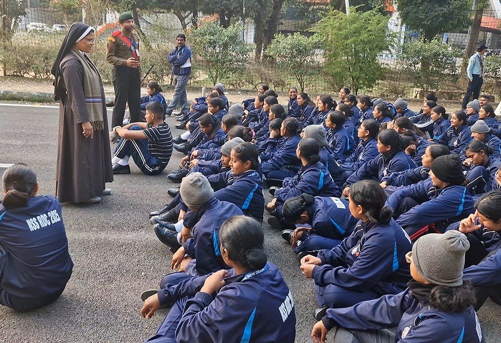 Congregation of the Mother of Carmel Sr. Noel Rose instructs National Service Scheme students during a parade training at Jawaharlal Nehru Stadium in New Delhi. (Courtesy of Sr. Noel Rose)