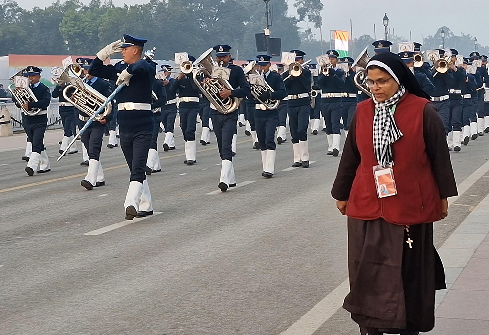 Congregation of the Mother of Carmel Sr. Noel Rose is pictured at the dress rehearsal for the Republic Day Parade on Kartavya Path, a ceremonial boulevard in New Delhi, where the Republic Day Parade takes place on Jan. 26 every year. (Courtesy of Sr. Noel Rose)