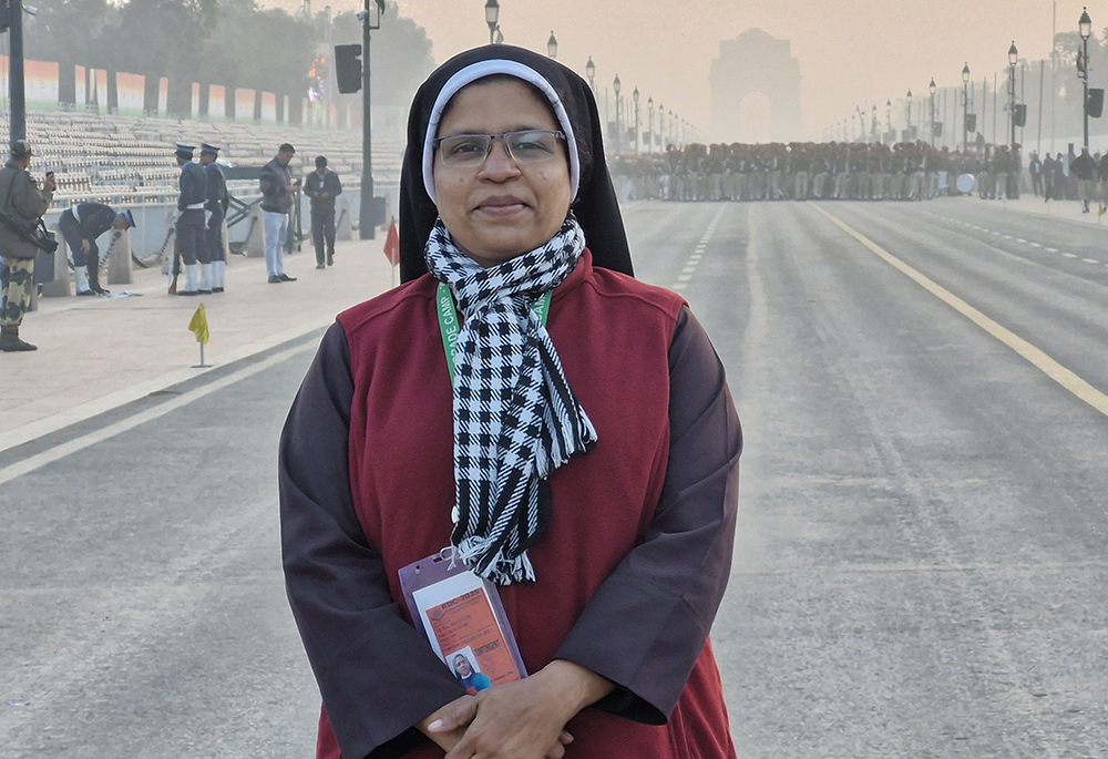 Congregation of the Mother of Carmel Sr. Noel Rose is pictured on Kartavya Path, a ceremonial boulevard in New Delhi, where the Republic Day Parade takes place on Jan. 26 every year. (Courtesy of Sr. Noel Rose)