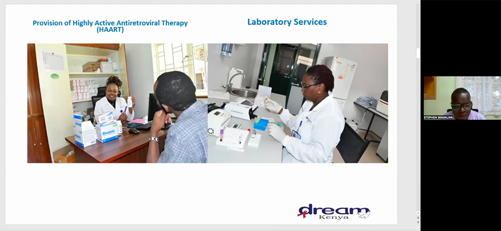 Stephen Wamalwa with DREAM describes the health program's work with HIV/AIDS patients in sub-Saharan Africa during the Feb. 11 "Raising Resources for Healing Ministries" webinar. (GSR screenshot)