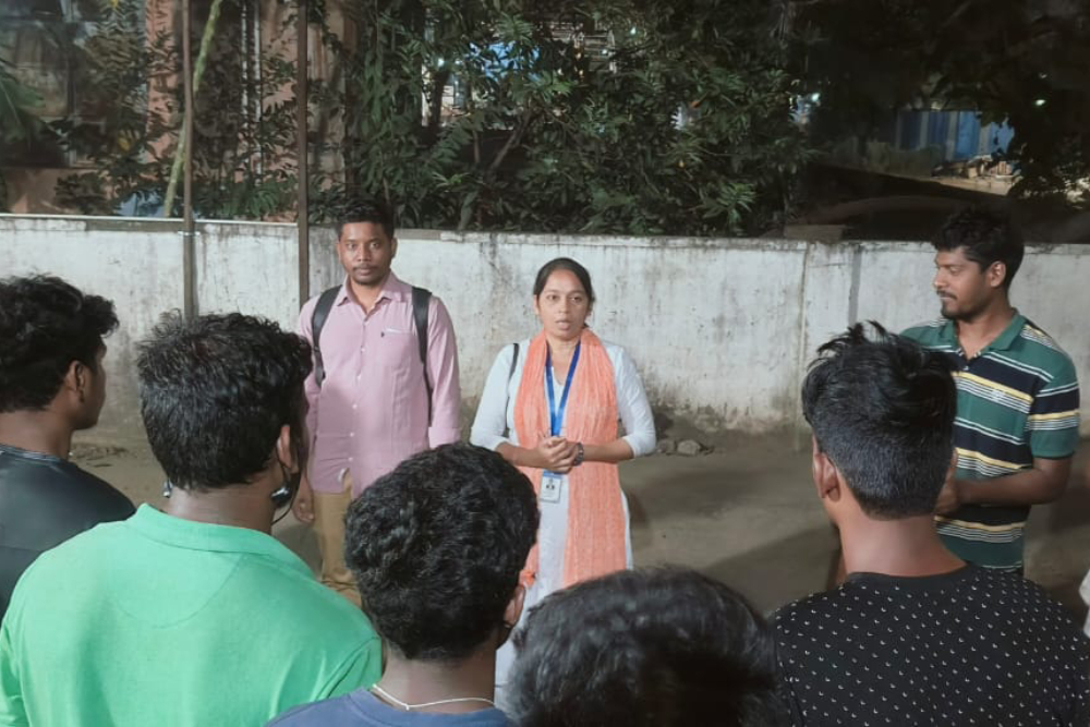 Sr. Sujata Jena interacting with the young migrant workers at Emerging from Equipment (Pvt, Ltd) company, Chennai on January 22, 2025