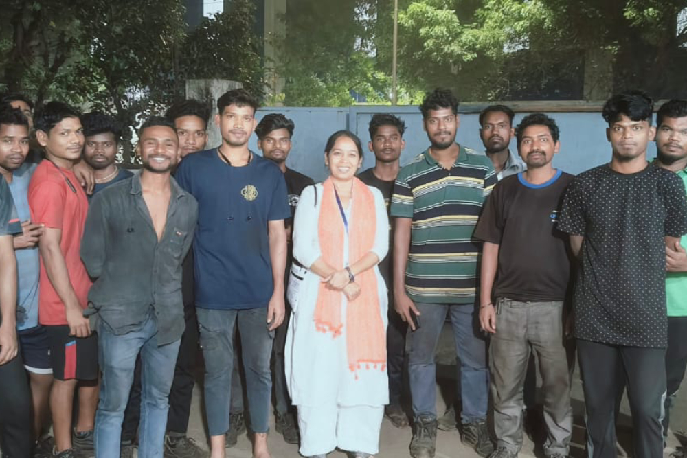 Sr. Sujata Jena with the young migrant workers at Emerging from Equipment (Pvt, Ltd) company, Chennai on January 22, 2025