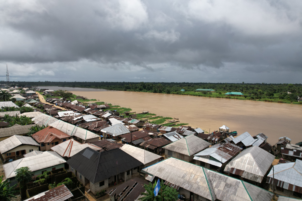 Aerial photo shows rusty rooftops of houses in Torugbene, one of the creeks in Burutu town under the Bomadi Diocese in Nigeria's oil-rich Delta State where Sisters of the Medical Missionaries of Mary provide intervention to locals.