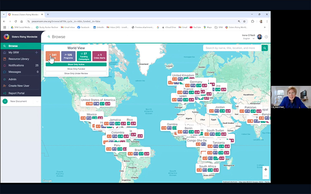 During the Feb. 11 "Raising Resources for Healing Ministries" webinar, St. Joseph Sr. Irene O'Neill demonstrates the Peace Room platform provided by Sisters Rising Worldwide. (GSR screenshot)