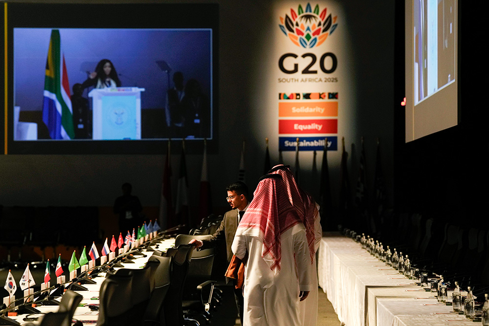 Delegates arrive at the G20 Finance Ministers and Central Bank Governors meeting in Cape Town, South Africa, Feb. 26, 2025. (AP/Nardus Engelbrecht)