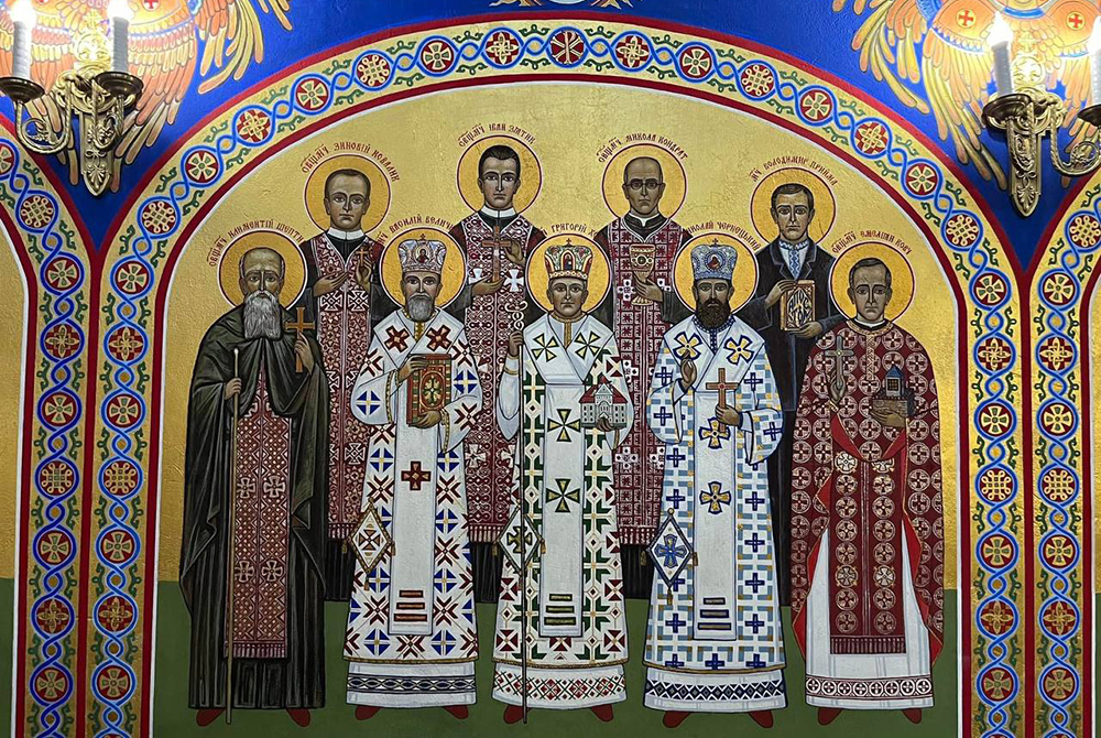 An icon depicting Ukrainian martyrs — bishops, priests, and laity of the 20th century — who were beatified in 2001. The first row, from left: Klymentiy Sheptytsky, Vasyl Velychkovsky, Hryhoriy Khomyshyn, Nicholas Charnetsky, and Omelyan Kovch. The second row, from left: Zynoviy Kovalyk, Ivan Ziatyk, Mykola Konrad, and Volodymyr Pryjma. (Courtesy of Emanujila Vishka)