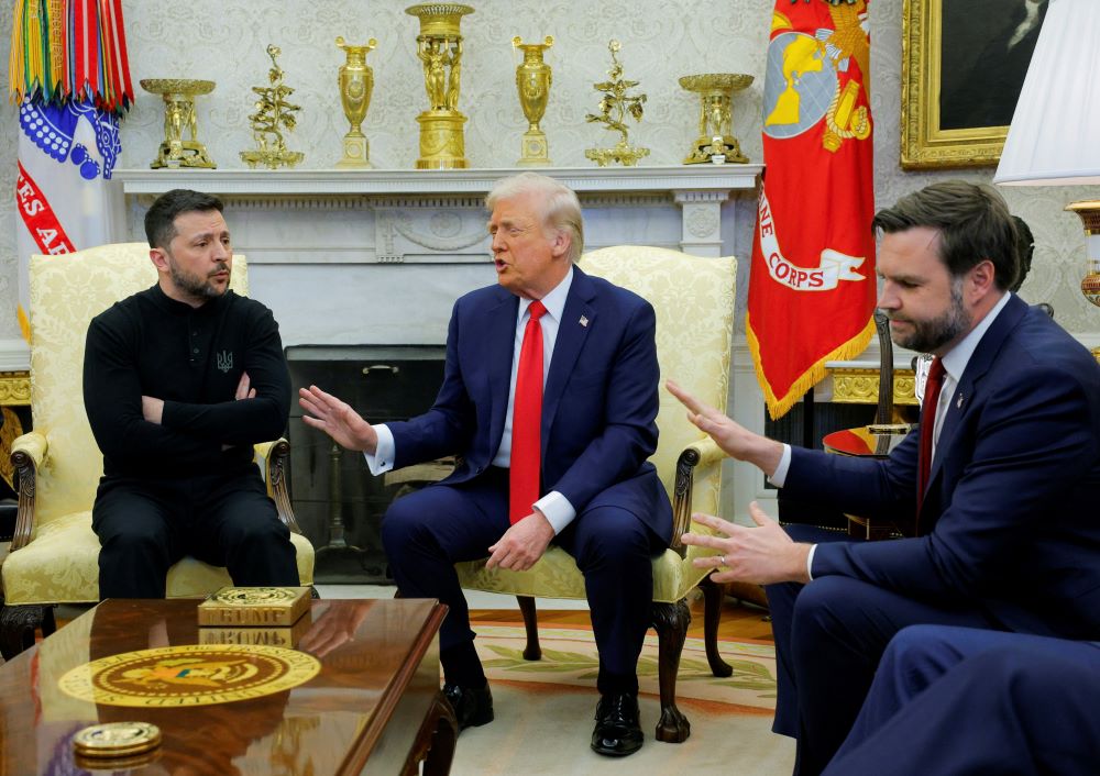 U.S. Vice President JD Vance, right, reacts as President Donald Trump meets with Ukrainian President Volodymyr Zelenskyy at the White House in Washington Feb. 28. 