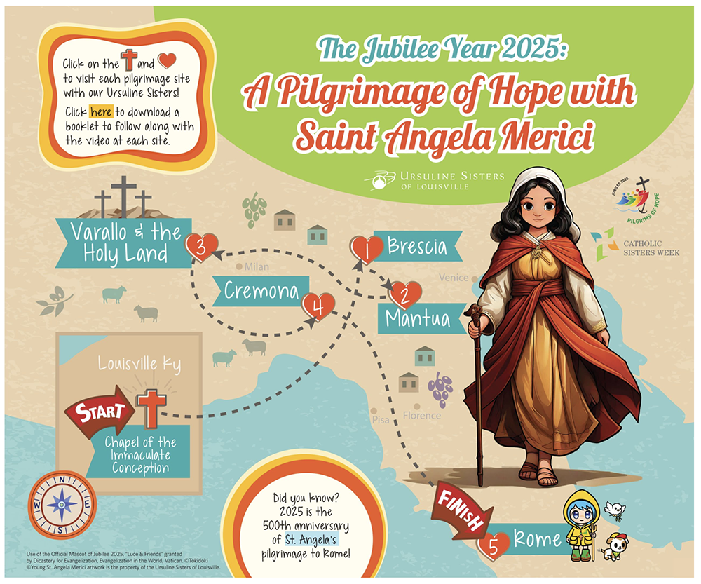 The Ursuline Sisters of Louisville created an interactive, digital map to bring to life the pilgrimage their foundress St. Angela Merici made to Rome 500 years ago. (GSR screenshot/Courtesy of Ursuline Sisters of Louisville)