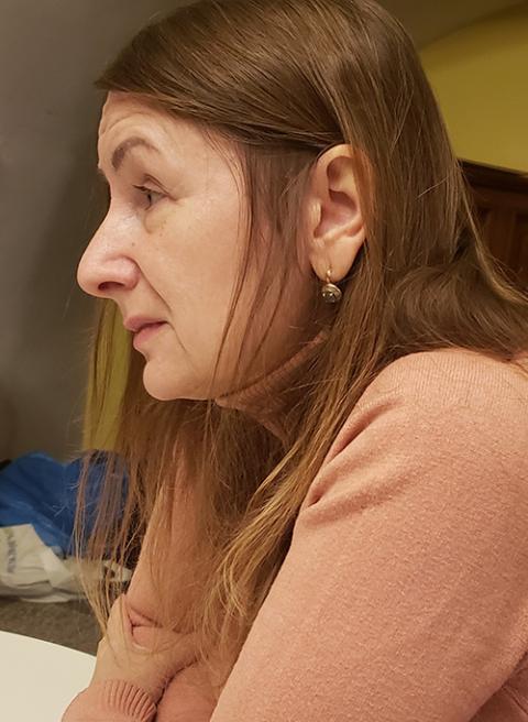 Irena Atamaniuk during an interview at the basement of Dormishin Mother of God, a Ukrainian Catholic parish near Warsaw's Old Town (GSR photo/Chris Herlinger)