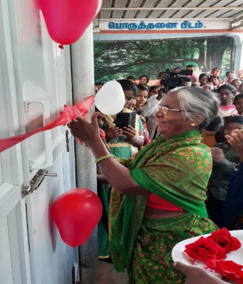 Elizabeth, mother of nine, inaugurates the breastfeeding room at Our Lady of Periyanayagi Shrine Feb. 20 in Konankuppam, Tamil Nadu, India. (Donald Reegan)