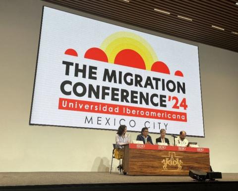 "Mexico City has become another border," Josephine Sr. María Magdalena Silva Rentería said during the opening plenary session titled "Im-mobilities and Human Rights in the Americas" at The Migration Conference 2024 at the Universidad Iberoamericana in Mexico City, July 3. From left: Karla Valenzuela, Silva Rentería, María Dolores París Pombo and Sen. Emilio Álvarez Icaza. (Luis Donaldo González)