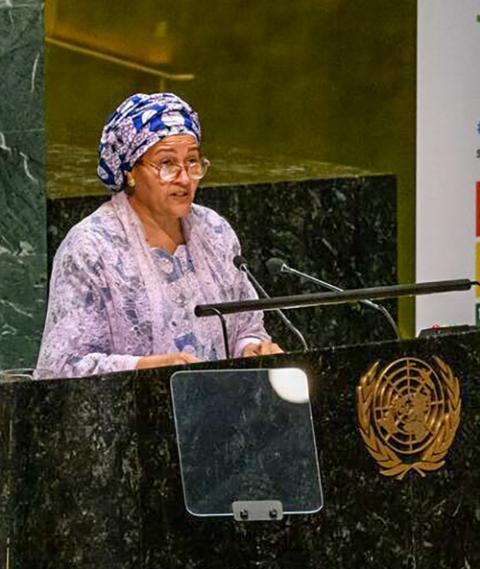 U.N. Deputy Secretary-General Amina Mohammed addresses the opening of the High-Level Political Forum 2024 on July 8 at U.N. Headquarters in New York. (UN Photo/Loey Felipe)