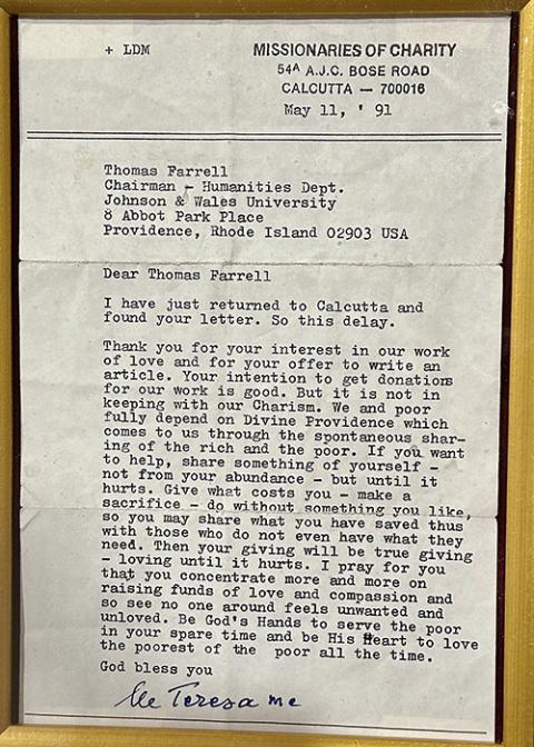 A letter dated May 11, 1991, from Mother Teresa to professor Thomas Farrell (Courtesy of Joel Rothschild)