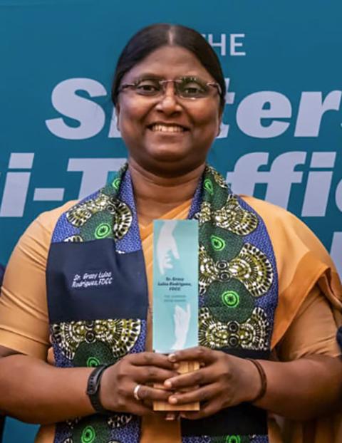 Canossian Sr. Grasy Rodrigues of India received the Common Good Award at the 2024 Sisters' Anti-Trafficking Awards. (Courtesy of Grasy Rodrigues)