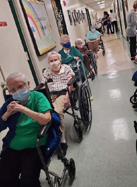 Sisters of St. Dominic of Amityville, New York, wait for their first dose of the COVID-19 vaccine Jan. 15 at the motherhouse. (Courtesy of the Amityville Dominicans)