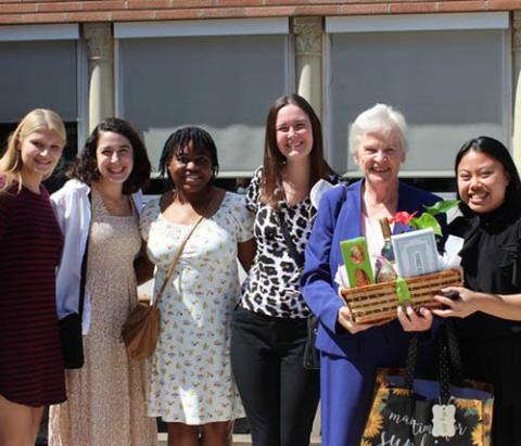 St. Joseph Sr. Mary Beth Ingham and the 2021-22 St. Joseph Workers celebrate the newly installed leadership team of the Sisters of St. Joseph of Orange. From left: Emily Michaelis, Nina Dorsett, Cindy Emenalo, Emma Shay, Ingham and Jaesen Evangelista.